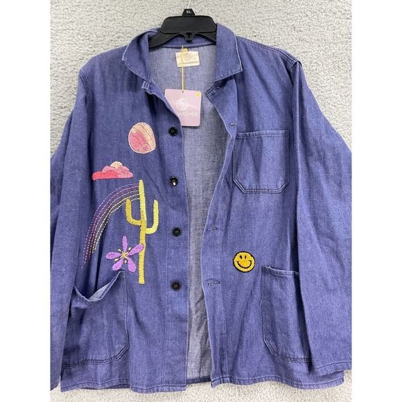All The Wolves Desert Trip Jacket One Size Embroidered Slouchy Blue Jacket - Picture 4 of 9
